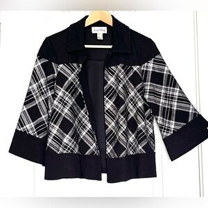 Joseph Ribkoff Plaid Swing Jacket Black Silver Crop Cardigan Sz 6 Made in Canada